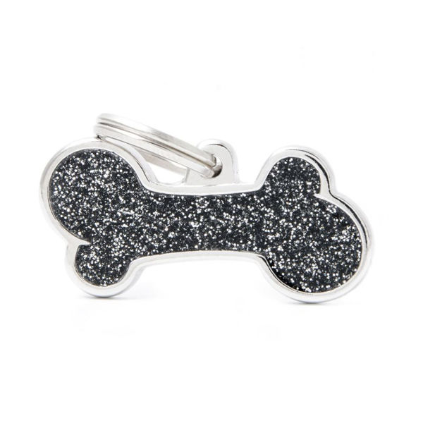 Imagen de Chapita de Información para Perro Personalizada Hueso Negro Brillante Grande