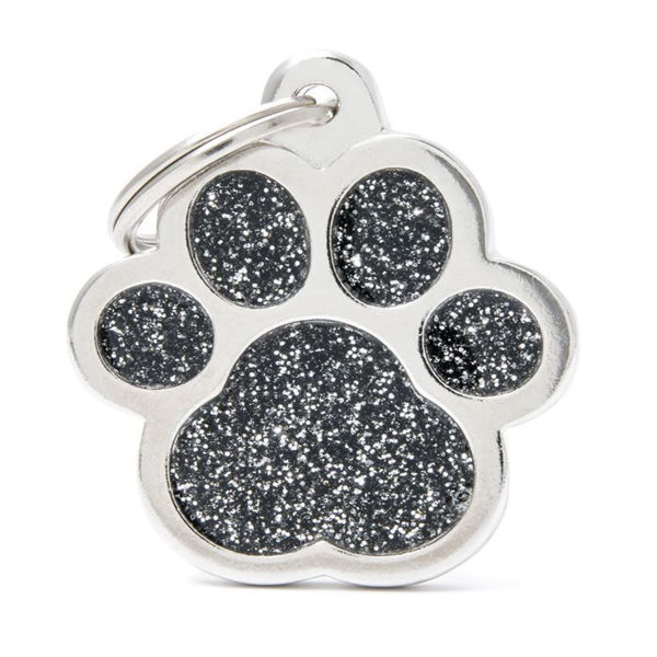 Imagen de Chapita de Información para Perro Personalizada Huella Negra Glitter