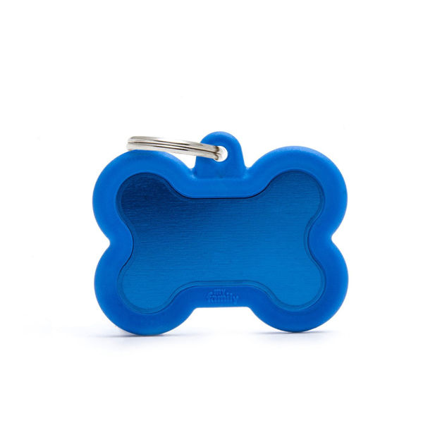 Imagen de Chapita de Información para Perro Personalizada Hueso Goma y Aluminio Azul