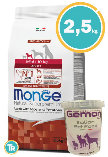 Imagen de MONGE Dog Monoproteina Adult  cordero razas pequeñas 2,5 kg + Vaso
