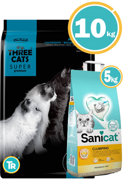 Imagen de THREE CATS Super Premium Castrados Control Bola de Pelo Sabor Pollo 10kg + Sanicat