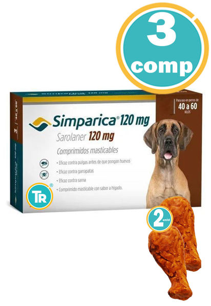 Imagen de ANTIPARASITARIO  SIMPARICA Perros 120 mgs 40 a 60 kg 3 comprimidos + Pata de pollo