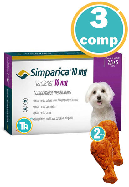Imagen de ANTIPARASITARIO SIMPARICA Perro 10 mg 2,5 a 5 kg 3 comprimidos + Pata de pollo