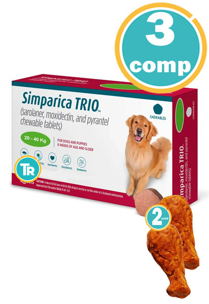 Imagen de Antiparasitario SIMPARICA TRÍO 80 mg - 20 a 40 kgs 3 comprimidos + Pata de pollo