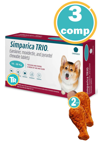 Imagen de ANTIPARASITARIO SIMPARICA TRIO Perro 40 mg - 10 a 20 kgs 3 comprimidos + Pata de pollo