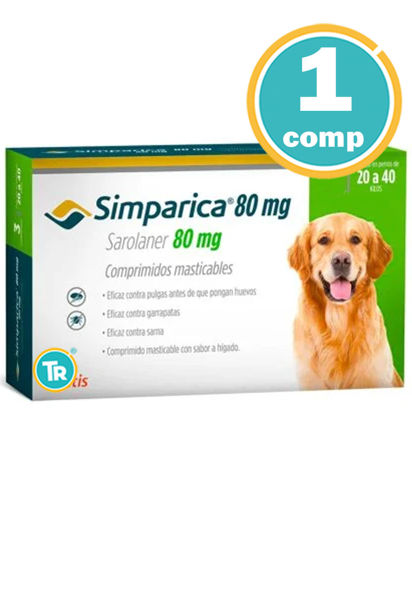 Imagen de PASTILLA ANTIPULGAS Y GARRAPATAS SIMPARICA 80mg 20 a 40 kg 1 comp