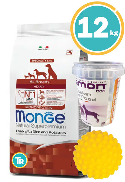 Imagen de MONGE Perro Adulto Cordero y Arroz 12 kg + Pelota + Vaso