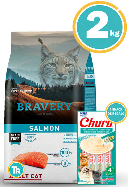 Imagen de BRAVERY GATO ADULTO SALMON 2 KG + Snack Churu (atún)