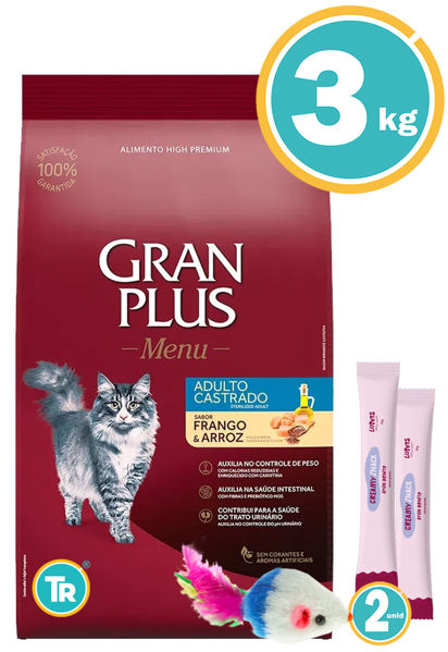 Imagen de GRAN PLUS Gato Adulto Castrado Sabor Pollo 3KG + Ratón + Salsas