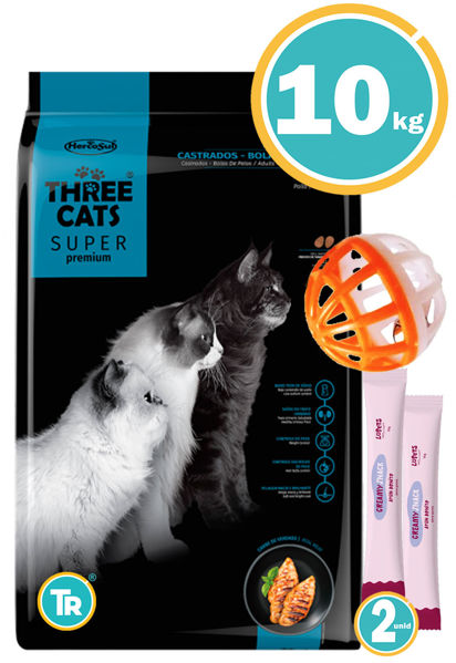 Imagen de THREE CATS Super Premium Castrados Control Bola de Pelo Sabor Pollo 10kg + Pelota + Salsa pouch