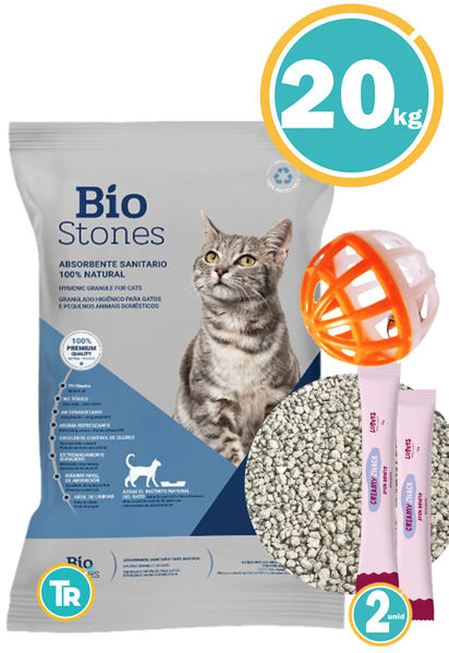 Imagen de Piedras Sanitarias Gatos Piedra Blanca 20 Kg + Pelota + Salsa