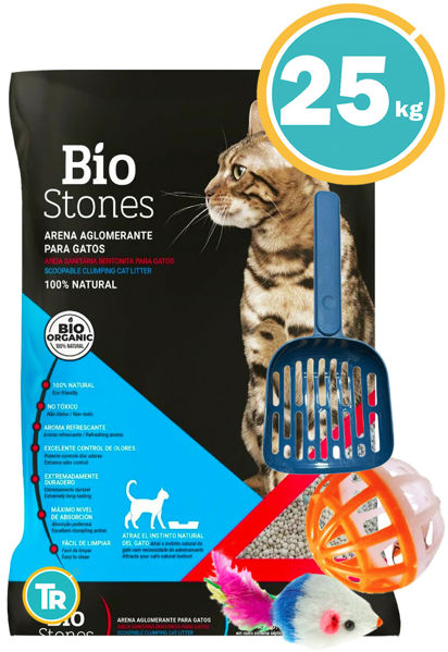 Imagen de Sanitario Aglomerante Premium Bentonita Bio Stones 25 kg + Pala + Pelota + Ratón