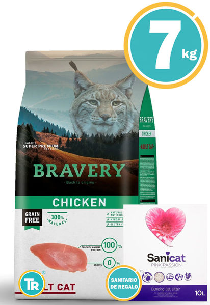 Imagen de BRAVERY GATO ADULTO POLLO 7 KG + Sanicat pink