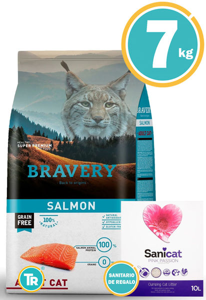 Imagen de BRAVERY Gato Adulto Salmón 7kg + Sanicat Pink
