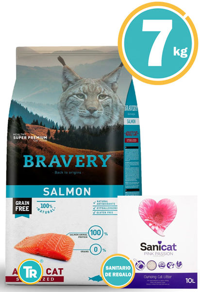 Imagen de BRAVERY GATO ADULTO CASTRADO SALMON 7 KG + Sanicat Pink