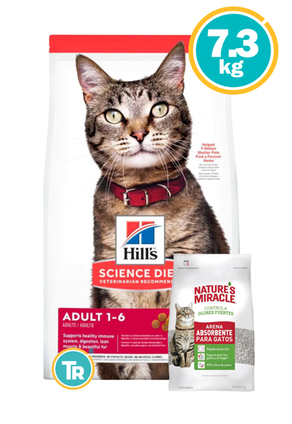 Imagen de HILLS  Gato Adulto Optimal Care 7,3Kg + Arena Sanitaria Absorbente Natures Miracle 2Kg