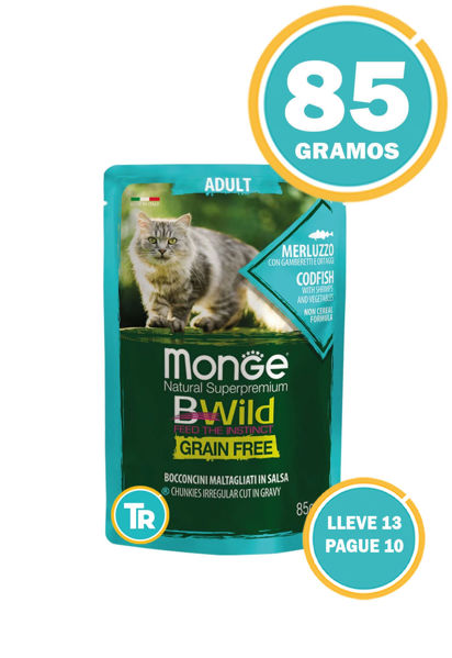 Imagen de SALSA MONGE BWILD GATO ADULTO MERLUZZO Y VEGETALES 85GR - 13 UNIDADES