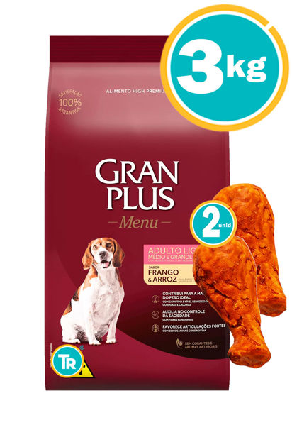 Imagen de GRAN PLUS DOG ADULTO LIGHT MED/GDES 3KG (POLLO Y ARROZ) + PATAS DE POLLO