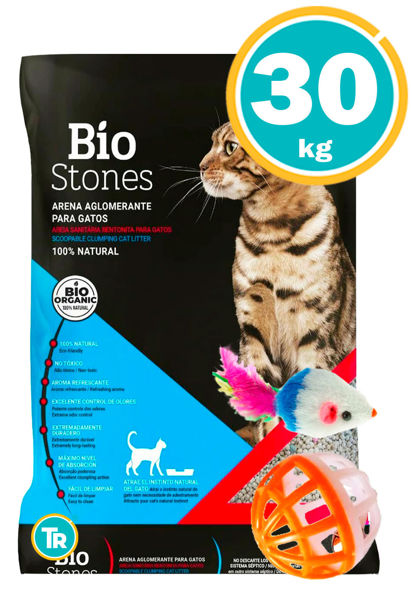 Imagen de Sanitario Aglomerante Gato Bentonita Bio Stones 30kg + Pelota + Ratón