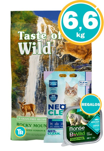 Imagen de TASTE OF THE WILD Feline Rocky Mountain 6.6kg + Sanitario + Paté