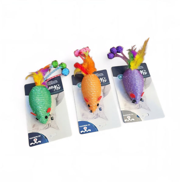 Imagen de JUGUETE PARA GATO - RATÓN CON POMPONES Y PLUMA