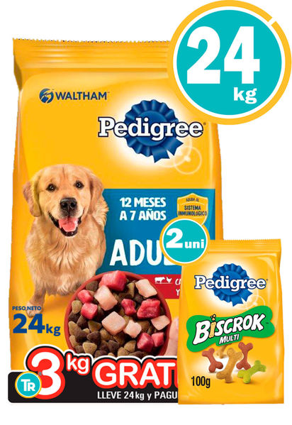 Imagen de PEDIGREE Perro Adulto Carne, Pollo y Cereales 21+ 3 Kg + Biscrok