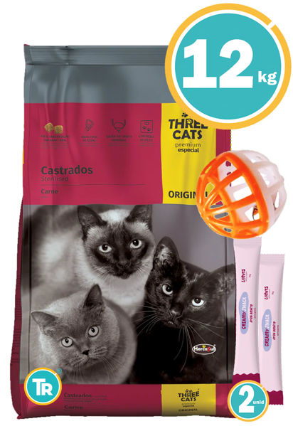 Imagen de THREECATS ORIGINAL ADULTO CASTRADO 10 + 2KG FRACCIONADO + PELOTA + SNACKS