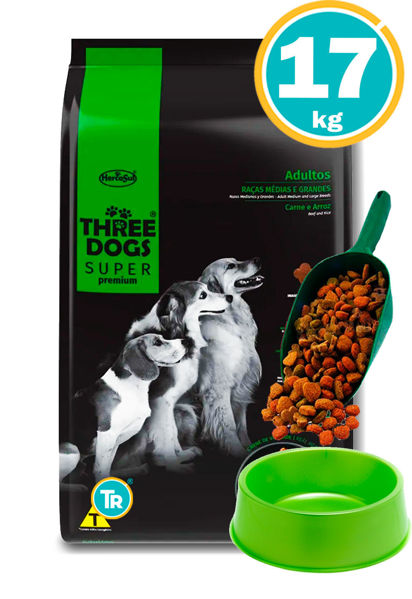 Imagen de THREE DOGS Super Premium Adultos Razas Med y Gdes 15 + 2 kg + Comedero + Pala
