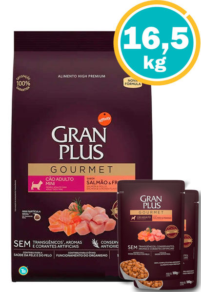 Imagen de Gran Plus GOURMET Adulto raza Peq/Mini 15+1.5KG (Salmón y pollo) + Salsas