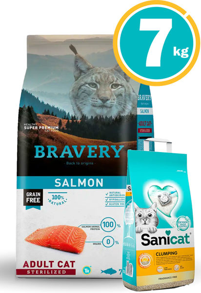 Imagen de BRAVERY GATO ADULTO CASTRADO SALMON 7 KG + Sanicat Clumping