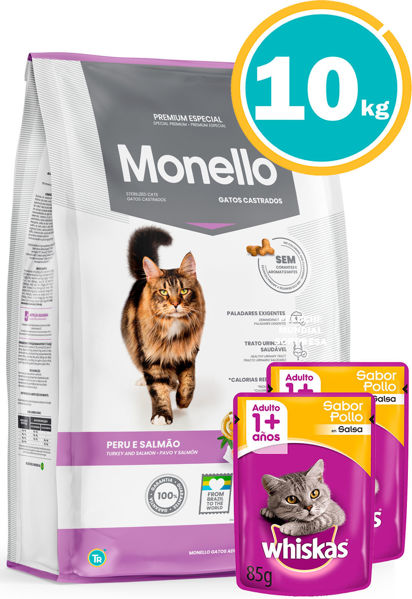 Imagen de MONELLO GATO CASTRADO 10KG (PAVO Y SALMON) + Salsas whiskas